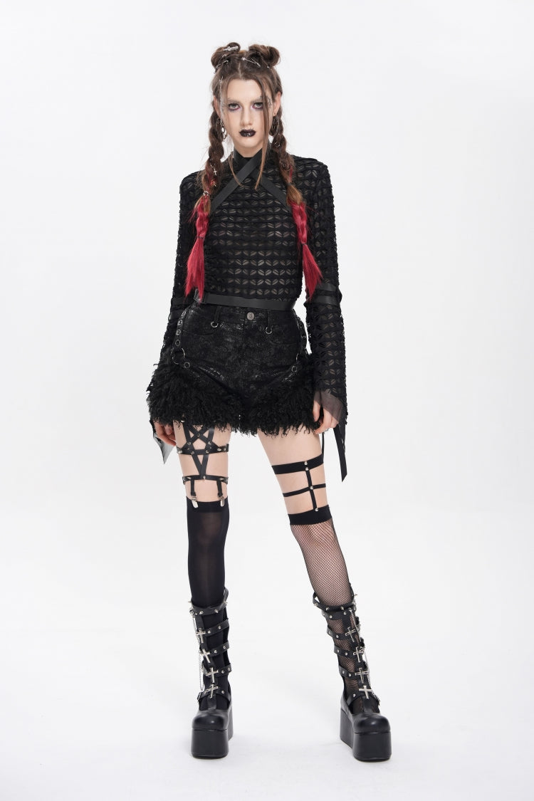 Black Plush Stitching Buckle Straps Women's Punk Shorts