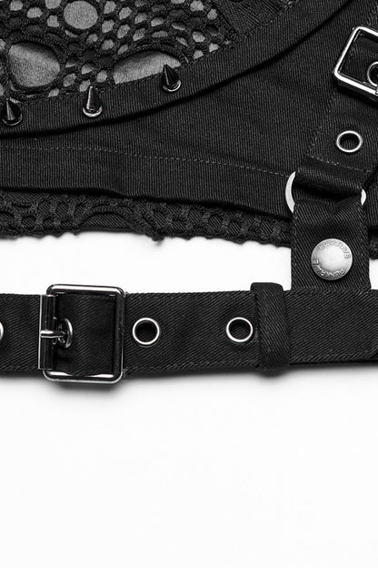 Black Faux Leather Stitching Mesh Buckles Women's Steampunk Shorts
