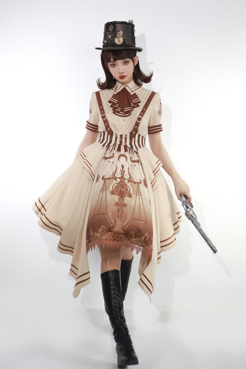 Beige British Style Short Sleeves Libra Print Cardigan Sweet Lolita Dress
