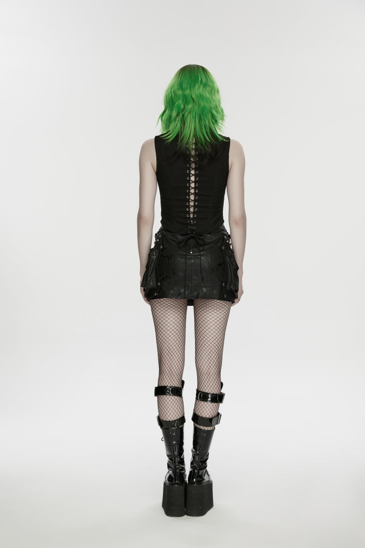 Black Off Shoulder Sleeveless Cut-Out Lace-Up Irregular Women's Punk Cool Vest