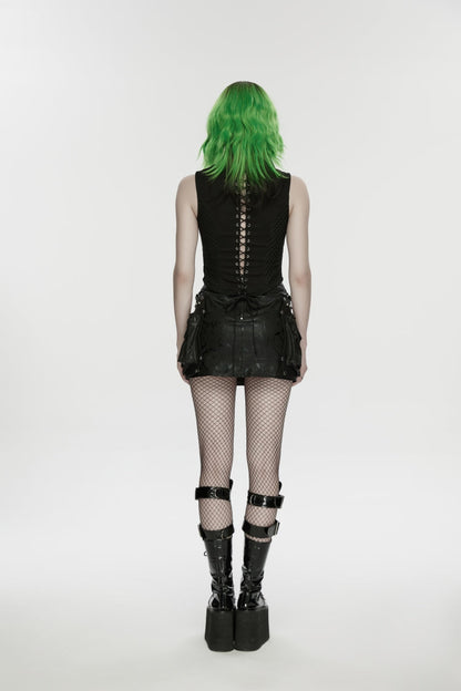Black Off Shoulder Sleeveless Cut-Out Lace-Up Irregular Women's Punk Cool Vest