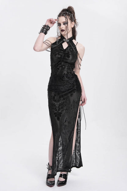 Black Halterneck Sleeveless Cheongsam Collar Side Slit Embroidery Women's Gothic Dress
