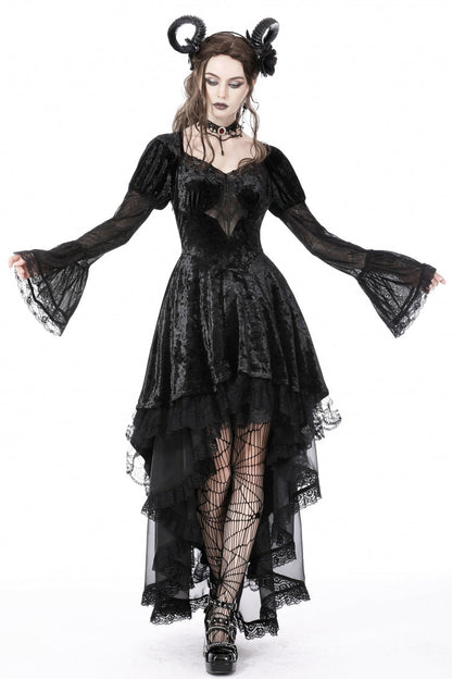 Black Long Puff Sleeves High Low Irregular Multi-Layered Lace Women's Gothic Velvet Dress