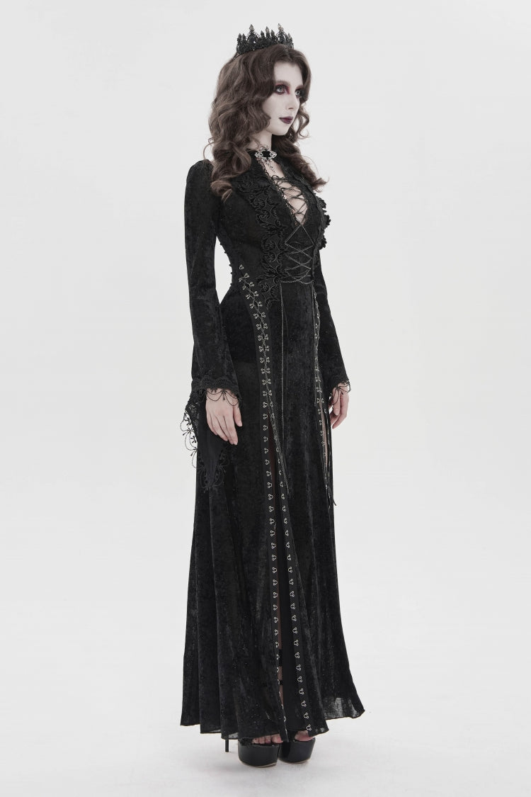 Black Halterneck Long Trumpet Sleeves Hanayome Lace Lace-Up Slim Chain-Decorated Women's Gothic Dress Plunging Split Maxi Dress