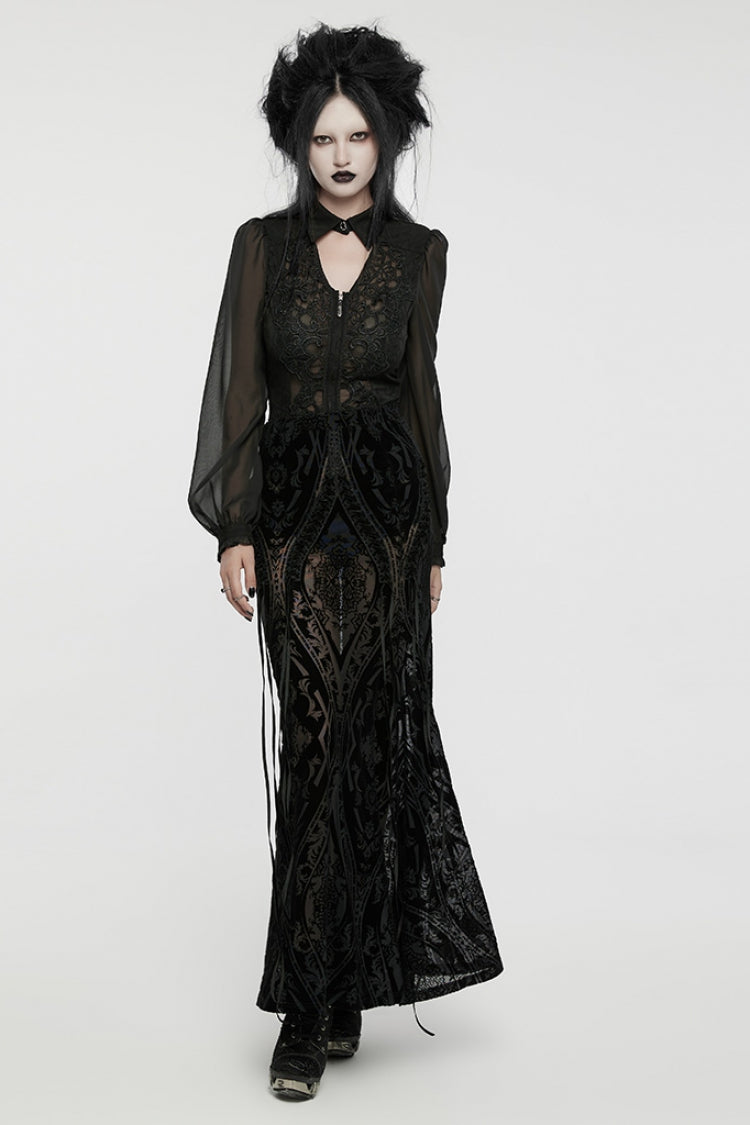 Black Embroidery Lace-Up Sheer Mesh Women's Gothic Skirt