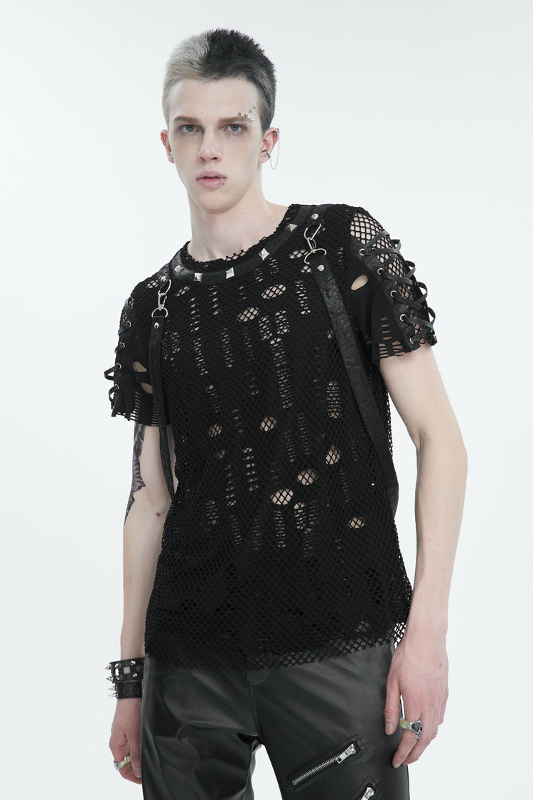 Black Half Hollow Shoulder Tie Design Men's Punk T-Shirt