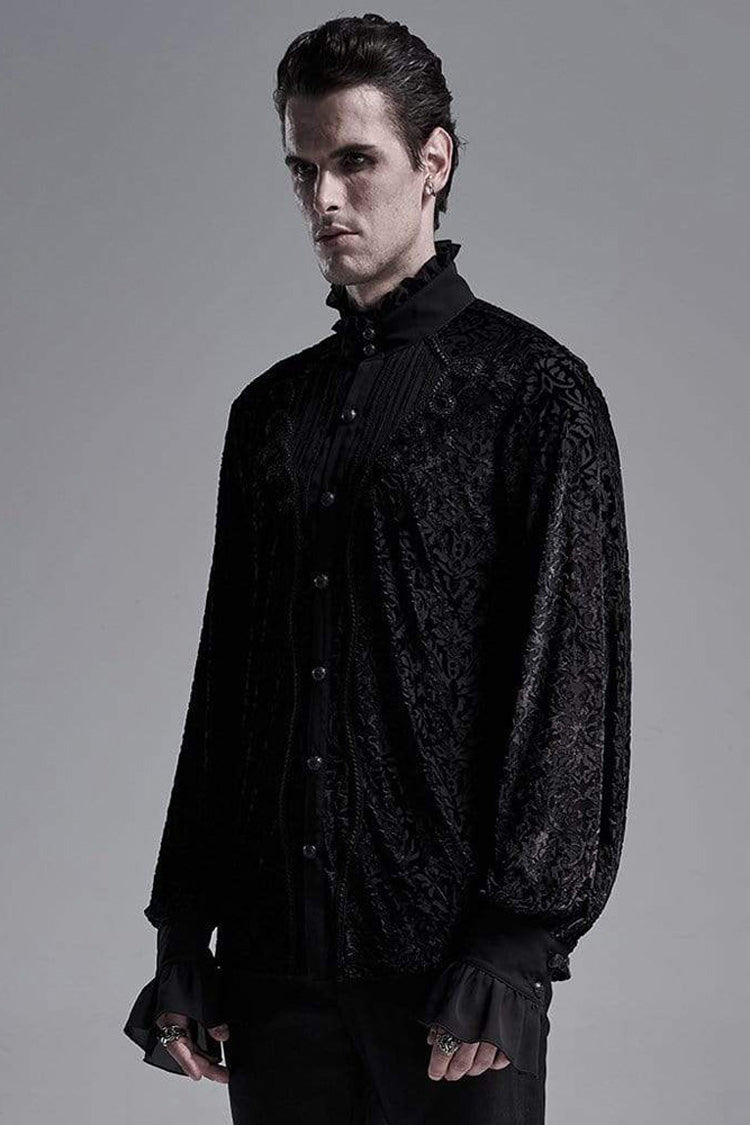 Black High Collar Lantern Sleeve Front Metal Retro Button Flounce Cuff Velveteen Knit Men's Gothic Shirt