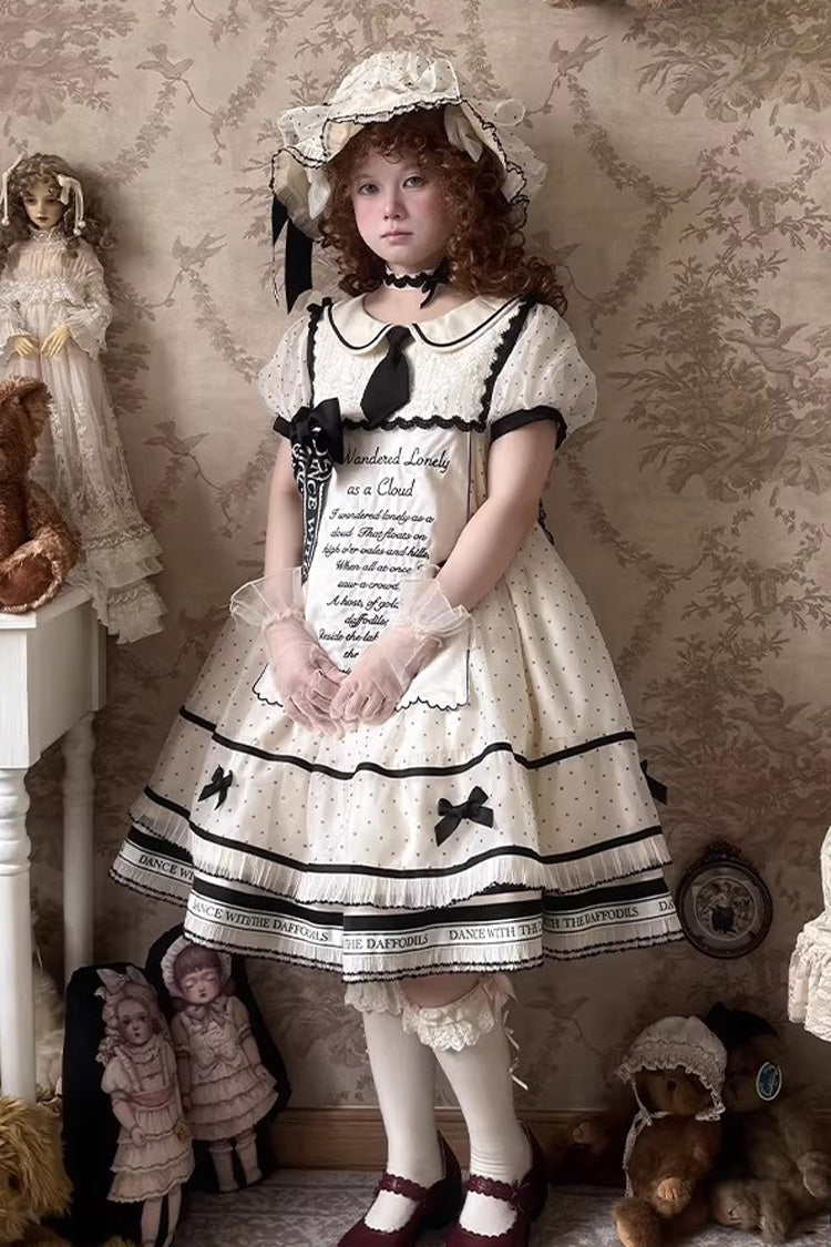 Beige [William Wordsworth’s Lyric Poetry] Doll Collar Polka Dots Printed Lace Sweet Princess Lolita Dress