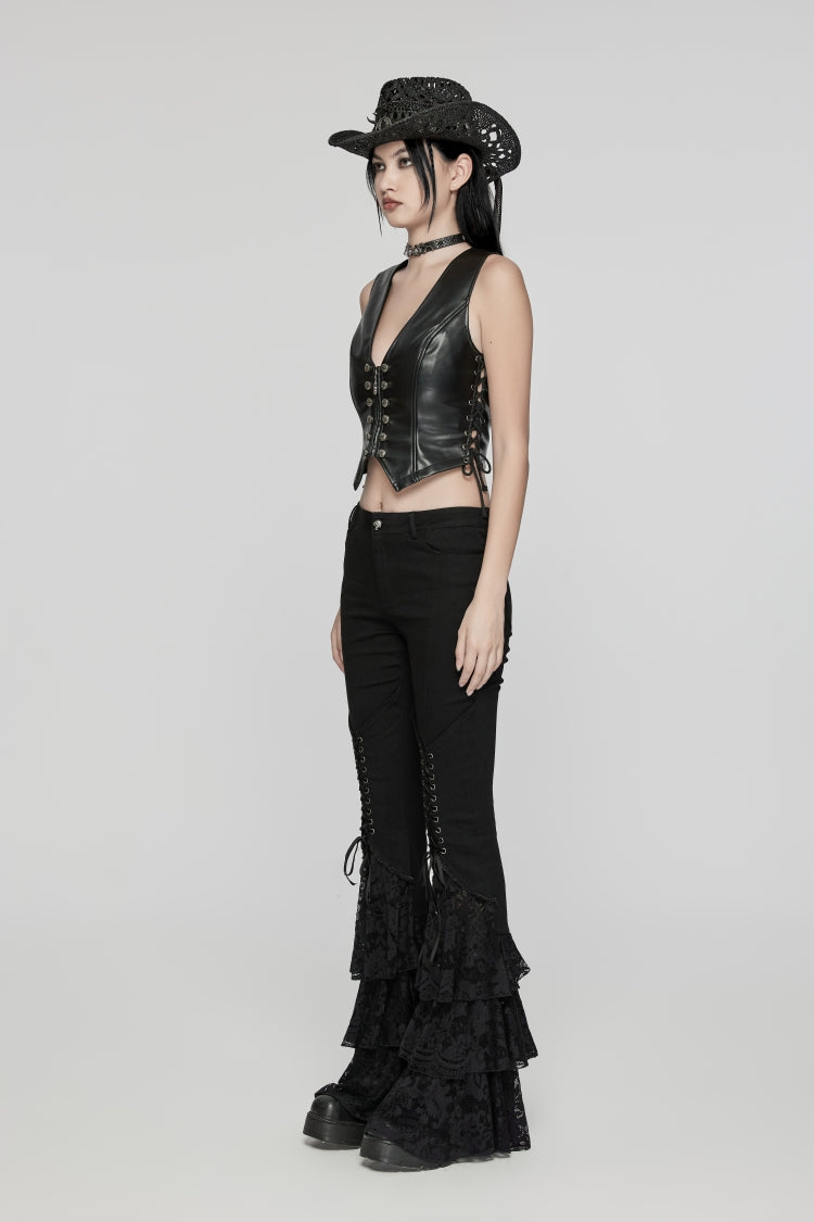 Black Lace-Up Slim Zippered Women's Punk Cool Faux Leather Vest