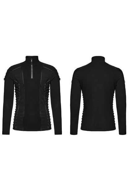 Black Long Sleeves Rivet Zipper Drawstring Men's Punk Blouse