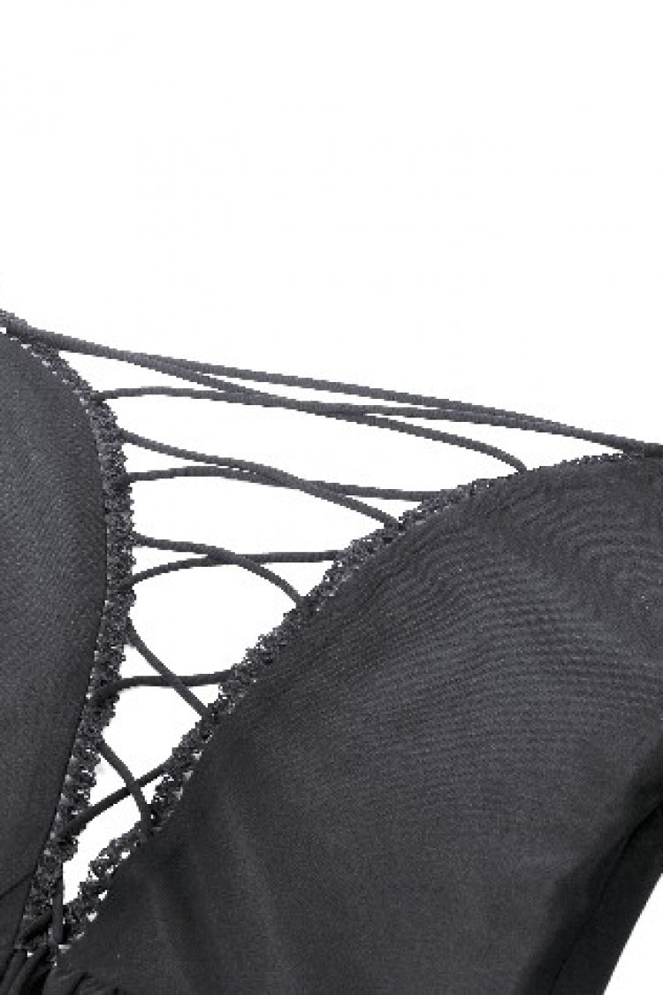 Black Off Shoulder Boat Neck Multi-Layered Long Trumpet Sleeves Lace Spliced Tulle Lace-Up Women's Gothic Fantasy Dress