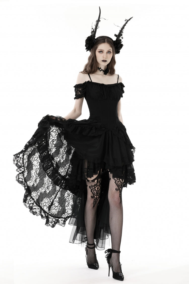Black Boat Neck Off Shoulder Short Puff Sleeves Ruffled Lace Lace-Up Irregular Women's Gothic Dovetail Dress
