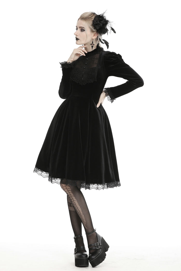 Black Lace Long Puff Sleeves Women's Gothic Velet Dress