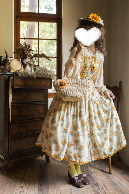 Apricot [Gardening Sunflower] Sleeveless Print Ruffle Bowknot Sweet Elegant Lolita Jsk Dress
