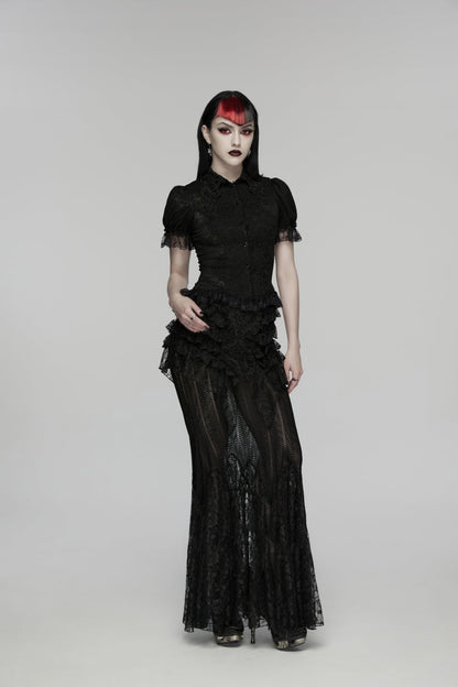 Black Embroidered Spliced Ruffled Lace Slim Mesh Women's Gothic  Mermaid Skirt
