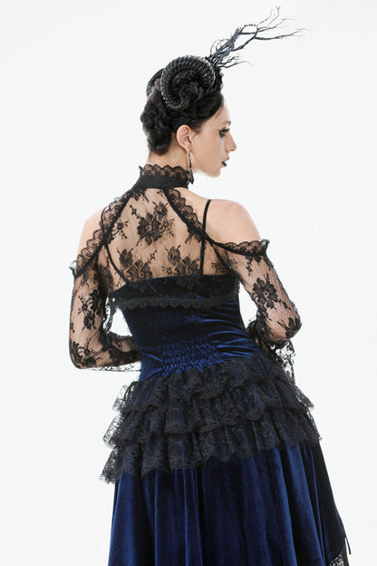 Black Off Shoulder Long Sleeves Sheer Floral Lace Women's Gothic Shrug