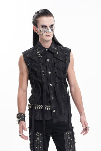 Black Lapel Collar Sleeveless Lace-Up Ripped Ring Men's Gothic Vest