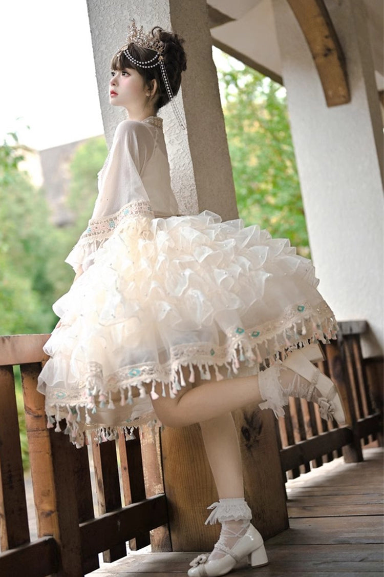 Apricot [Miao Girl] Multi-Layered Ruffle Bowknot Sweet Princess Lolita Chiffon Skirt Set