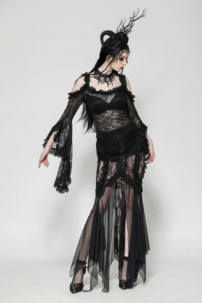 Black Lace-Up Mesh Spliced Lace Women's Gothic Fishtailed Skirt
