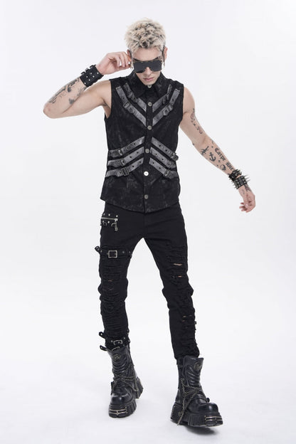 Black Lapel Collar Sleeveless Multi-Layered Printed Tie-dyed Buckled Men's Punk Shirt