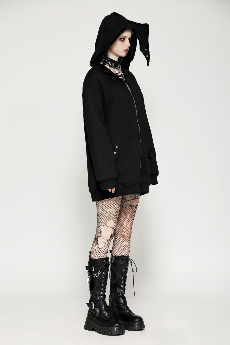 Black Long Sleeves Zippered Women's Gothic Batwing Hoodie