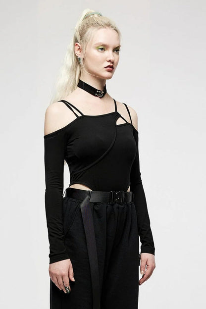 Black Off Shoulder Long Sleeves Hollow Irregular Women's Steampunk Bodysuit