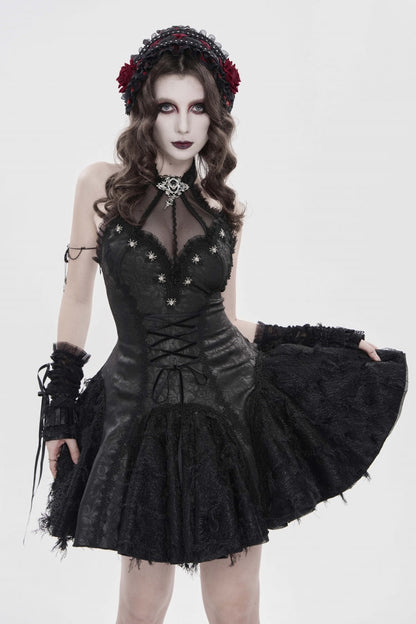 Black Off Shoulder Sleeveless Printed Spliced Lace Lace-Up Pleated Women's Gothic Dress