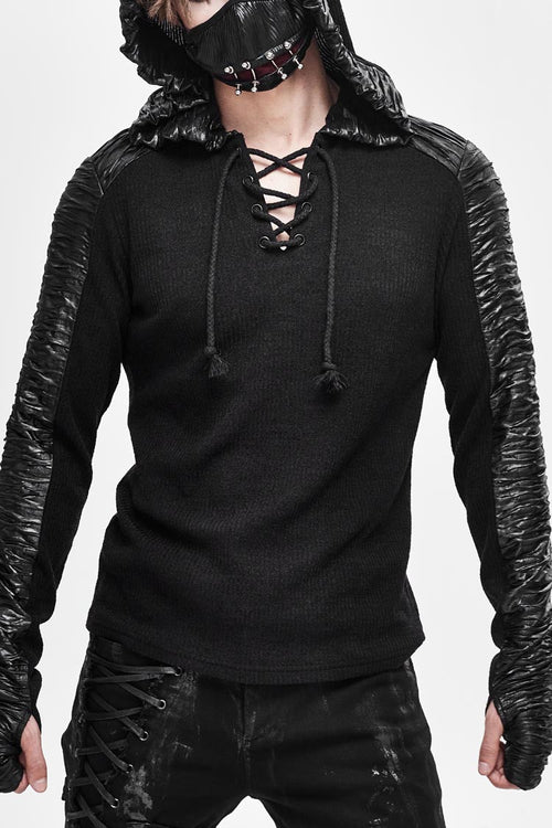Black Chest Lace Up Vertical Stripes Woolen Splice Bright Crimped Fabric Hooded Men's Punk T-Shirt