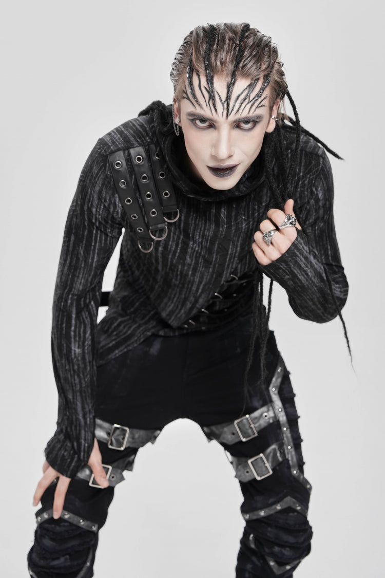 Black Long Sleeves Irregular Hooded Straps Eyelet Men's Punk Blouse