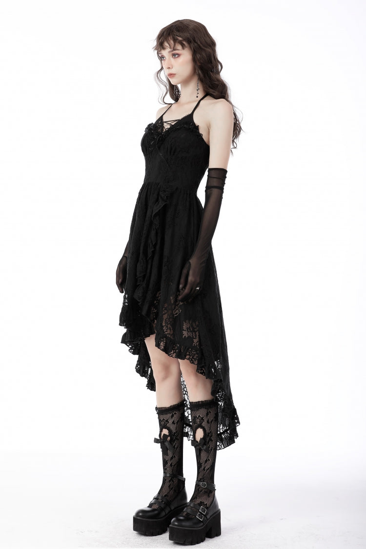 Black Off Shoulder Halterneck Ruffled Lace-Up Swallow Tail Floral Lace Women's Gothic Dress