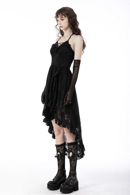 Black Off Shoulder Halterneck Ruffled Lace-Up Swallow Tail Floral Lace Women's Gothic Dress