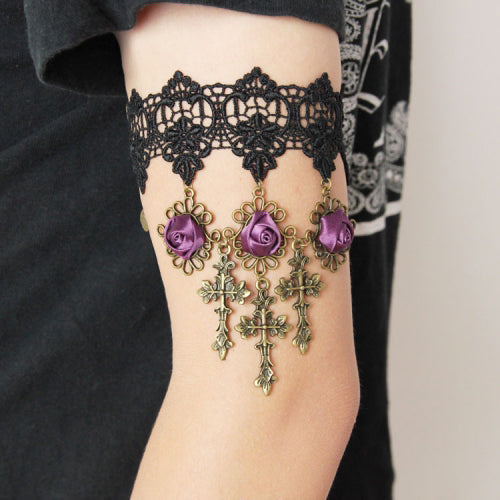 Black Lace Retro Wedding Cross Purple Rose Flower Female Gothic Lolita Armband Bracelet
