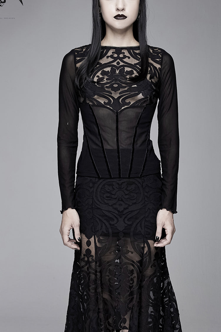 Black Flower Pattern False Girdle Mesh Long Sleeve Women's Gothic T-Shirt