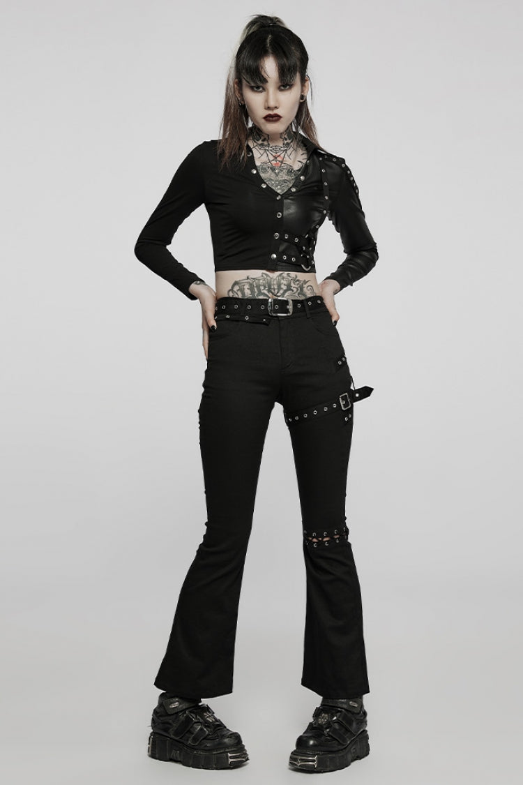 Black Hollow Lace Slim Detachable Belt Women's Steampunk Flared Leggings