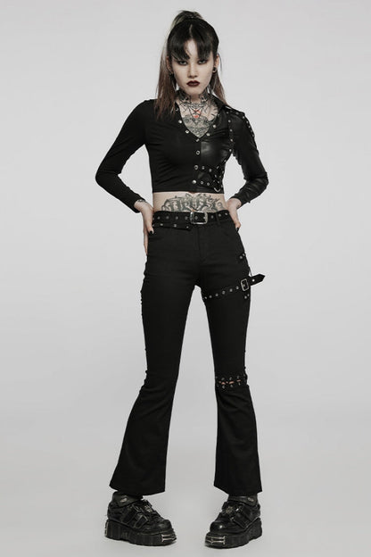 Black Hollow Lace Slim Detachable Belt Women's Steampunk Flared Leggings