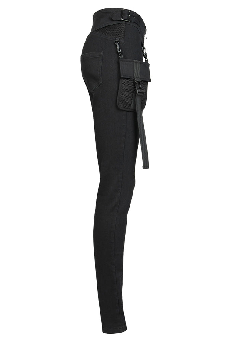 Black Functional Tooling Style Pocket Belt Trim V-Shaped Split Zipper Women's Punk Trousers