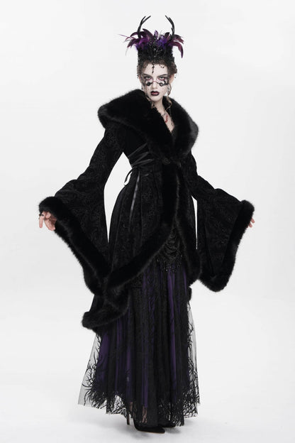 Black Long Sleeves Floral Embroidery Women's Gothic Fluffy Coat