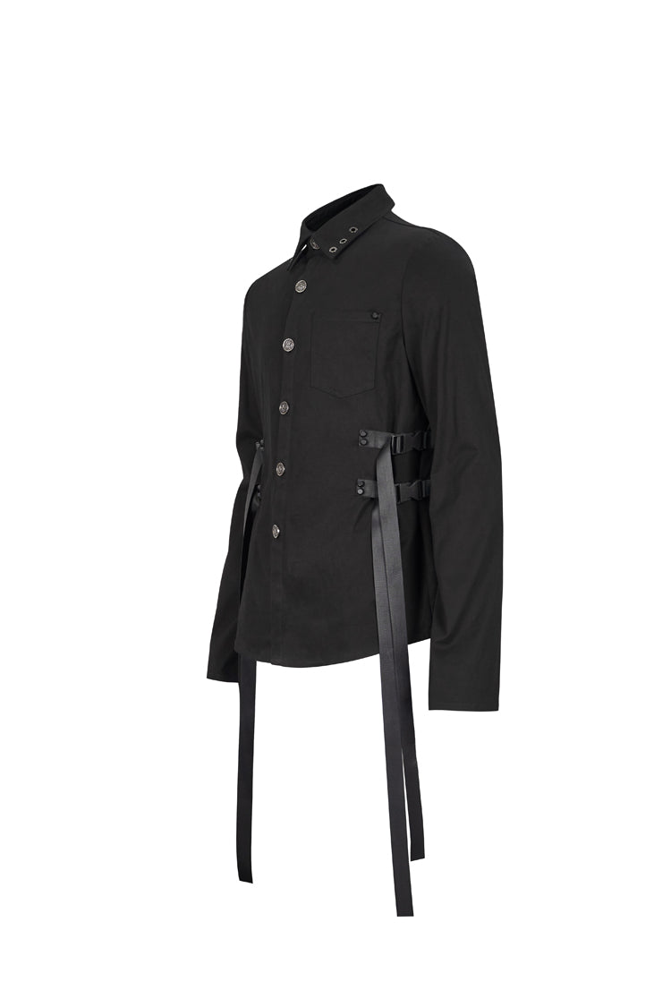 Black Nylon Strap Metal Buckle Decoration Long Sleeve Elasticity Men's Punk Shirt