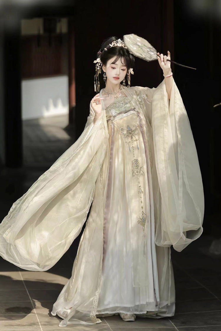 Beige Long Sleeves Embroidery Pearl Chain Sweet Tang-style Hanfu Hezi Dress Set