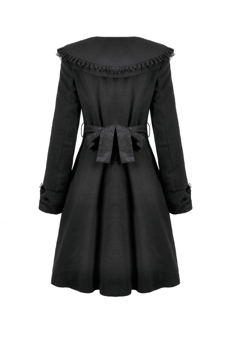 Black Floral Embroidered Peter Pan Collar Long Sleeves Bowknot Women's Gothic Coat