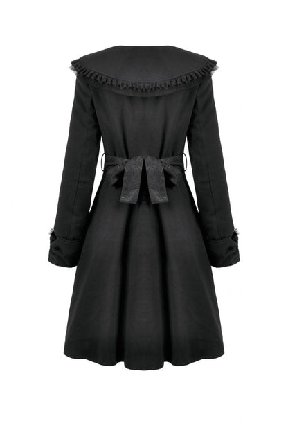 Black Floral Embroidered Peter Pan Collar Long Sleeves Bowknot Women's Gothic Coat