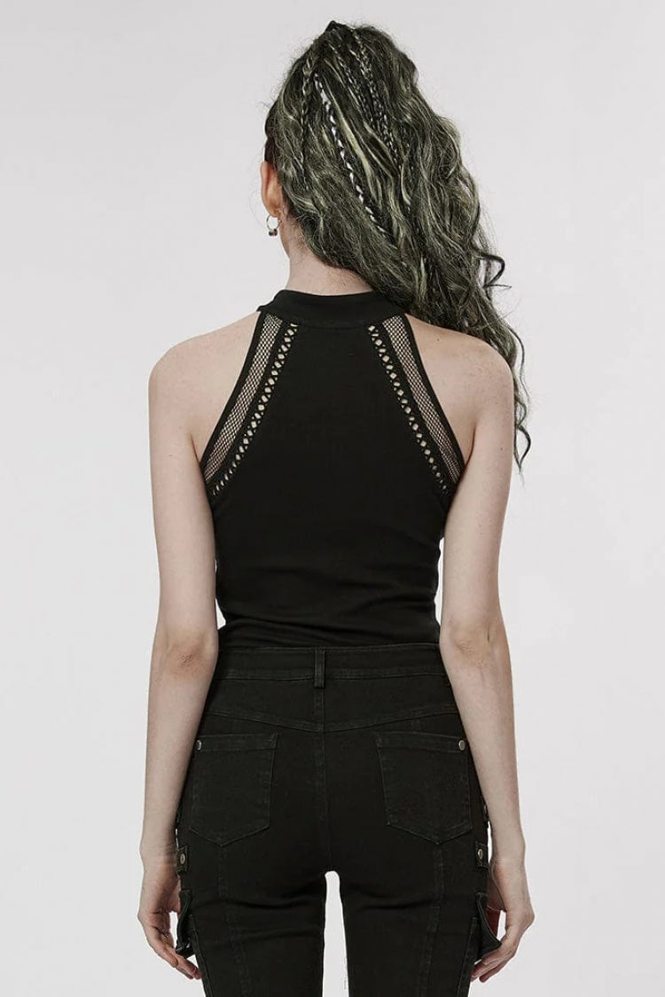 Black Off Shoulder Hollow Stitching Slim Mesh Womens Steampunk Vest
