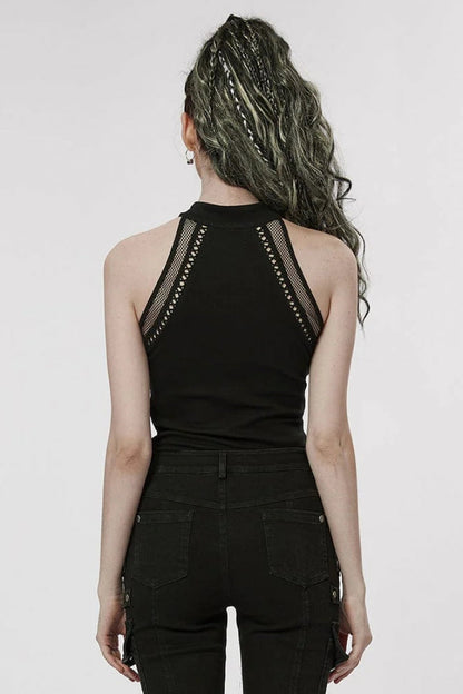 Black Off Shoulder Hollow Stitching Slim Mesh Womens Steampunk Vest
