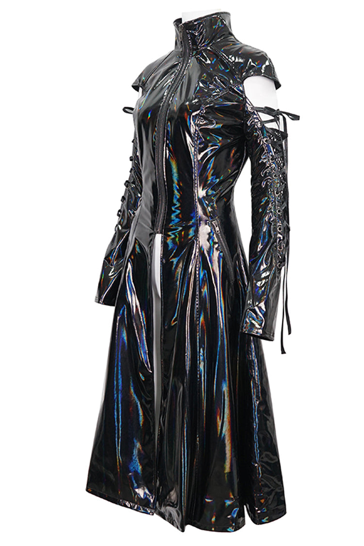 Black Lace Up Mesh Splice Patent Leather Long Women's Punk Coat