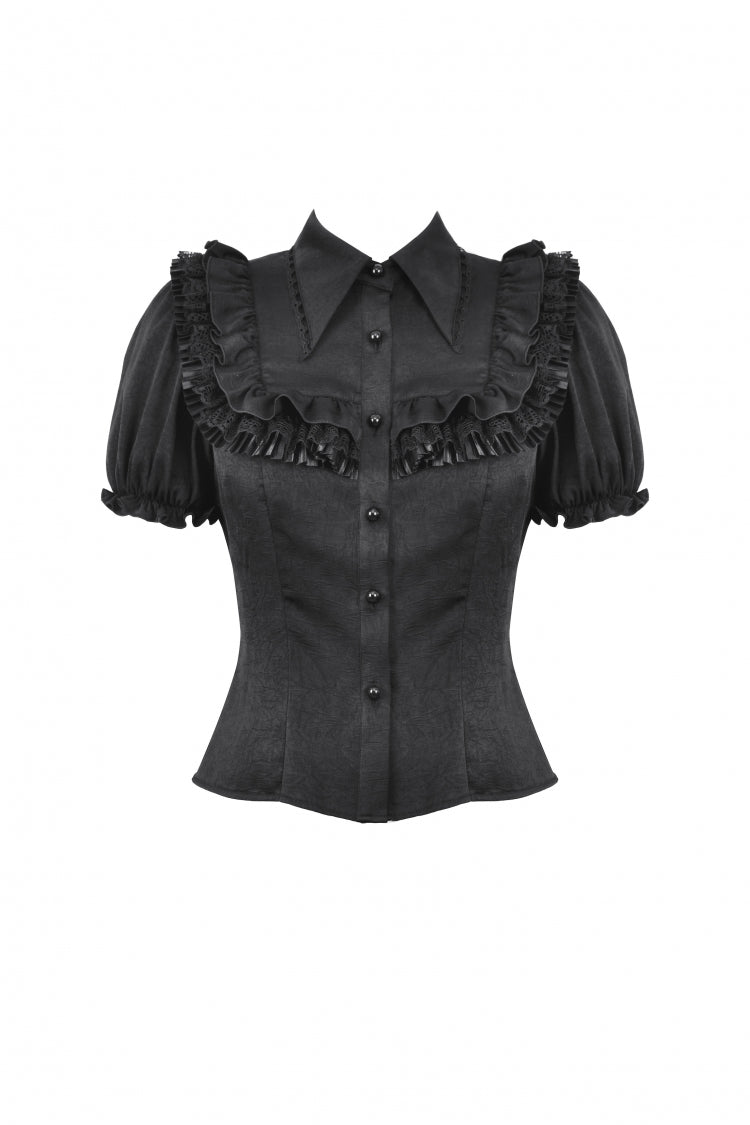 Black Point Collar Short Puff Sleeves Ruffled Women's Gothic Blouse