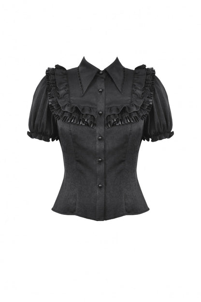 Black Point Collar Short Puff Sleeves Ruffled Women's Gothic Blouse