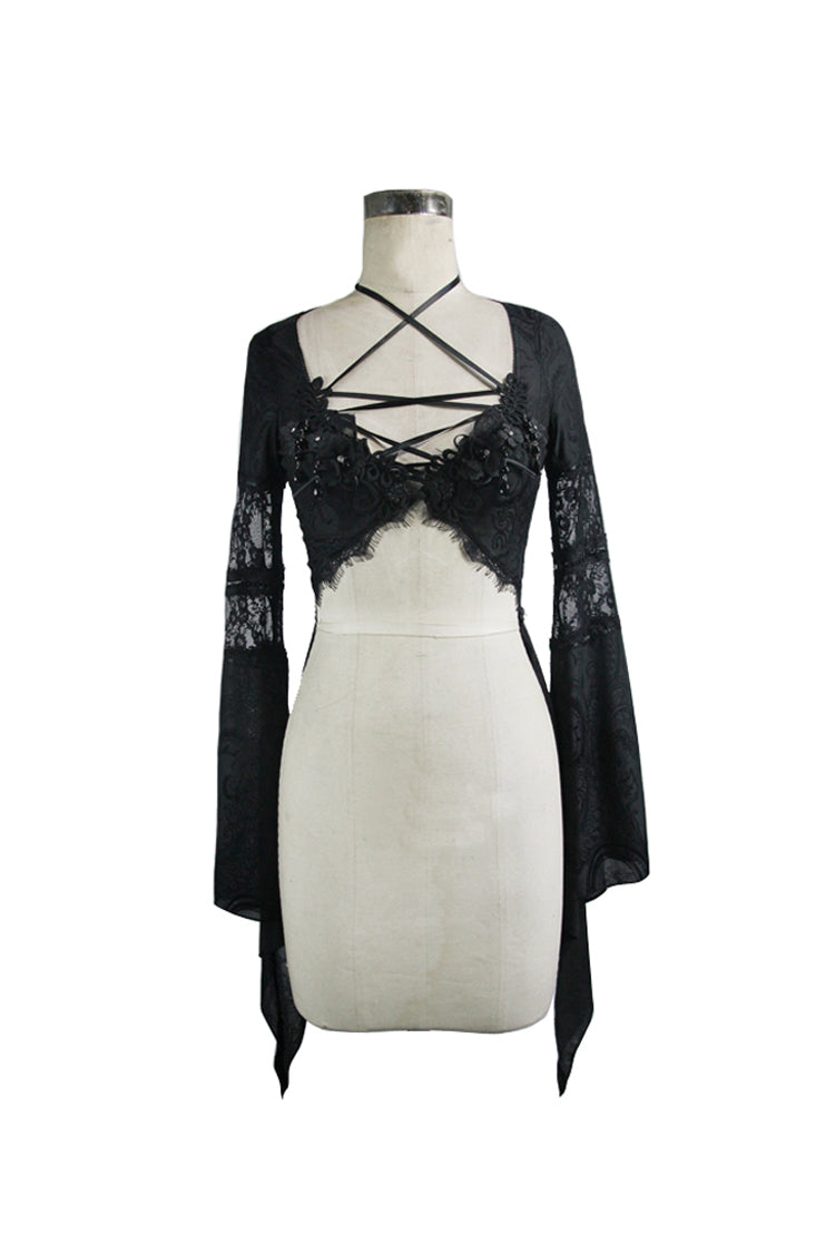 Black Perspective Mesh-yarn Long-sleeve Lace Front Short And Back Long Women's Gothic Blouse