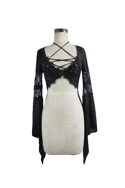 Black Perspective Mesh-yarn Long-sleeve Lace Front Short And Back Long Women's Gothic Blouse