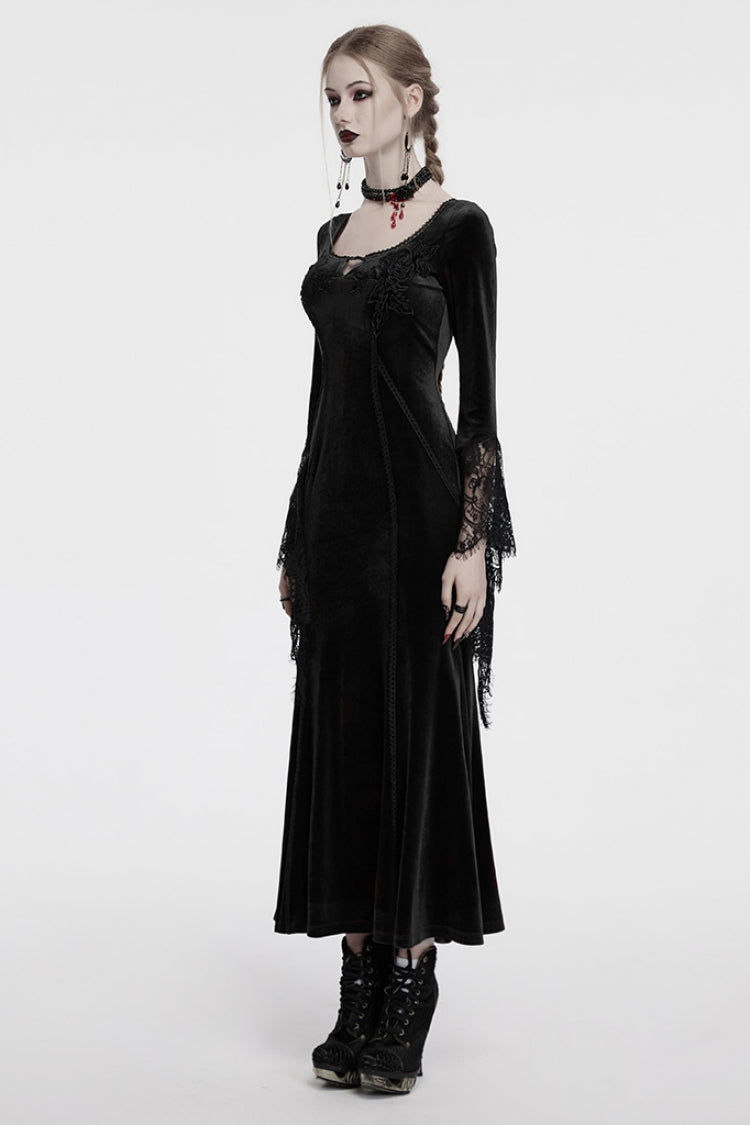 Black Long Sleeves Floral Embroidery Stitching Lace Women's Gothic Gown Dress