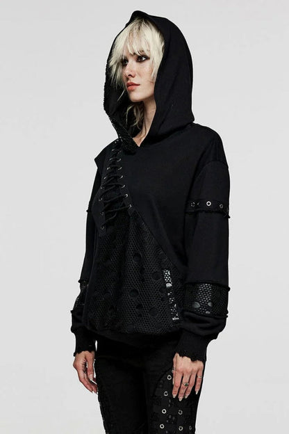 Black Long Sleeves Print Metal Eyelet Lace-Up Hooded Womens Steampunk Jacket